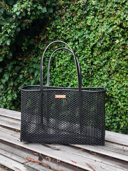 Large Market Tote- Black Leather