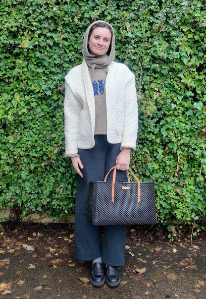 Large Market Tote- Black Leather